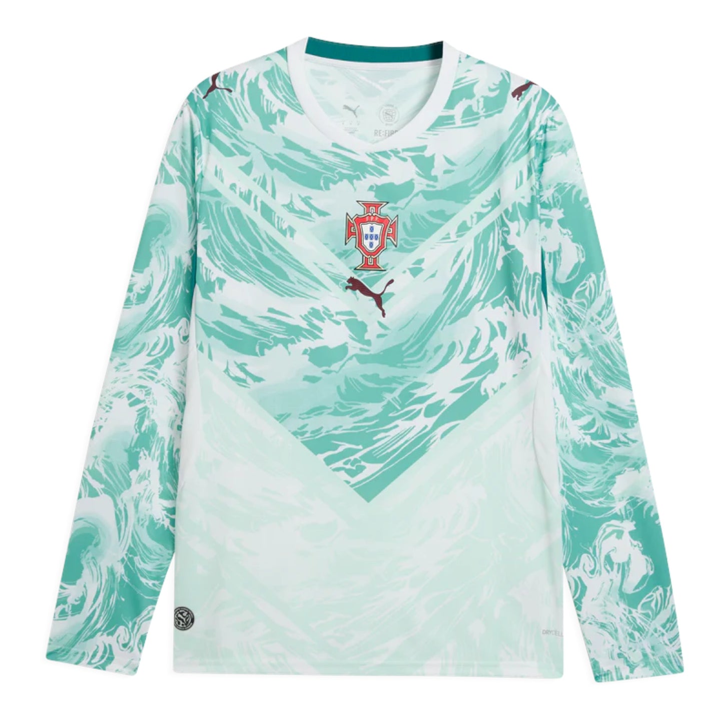 GOATkitz Portugal 2026 long sleeve adult away jersey in mint green with abstract wave pattern and crest.