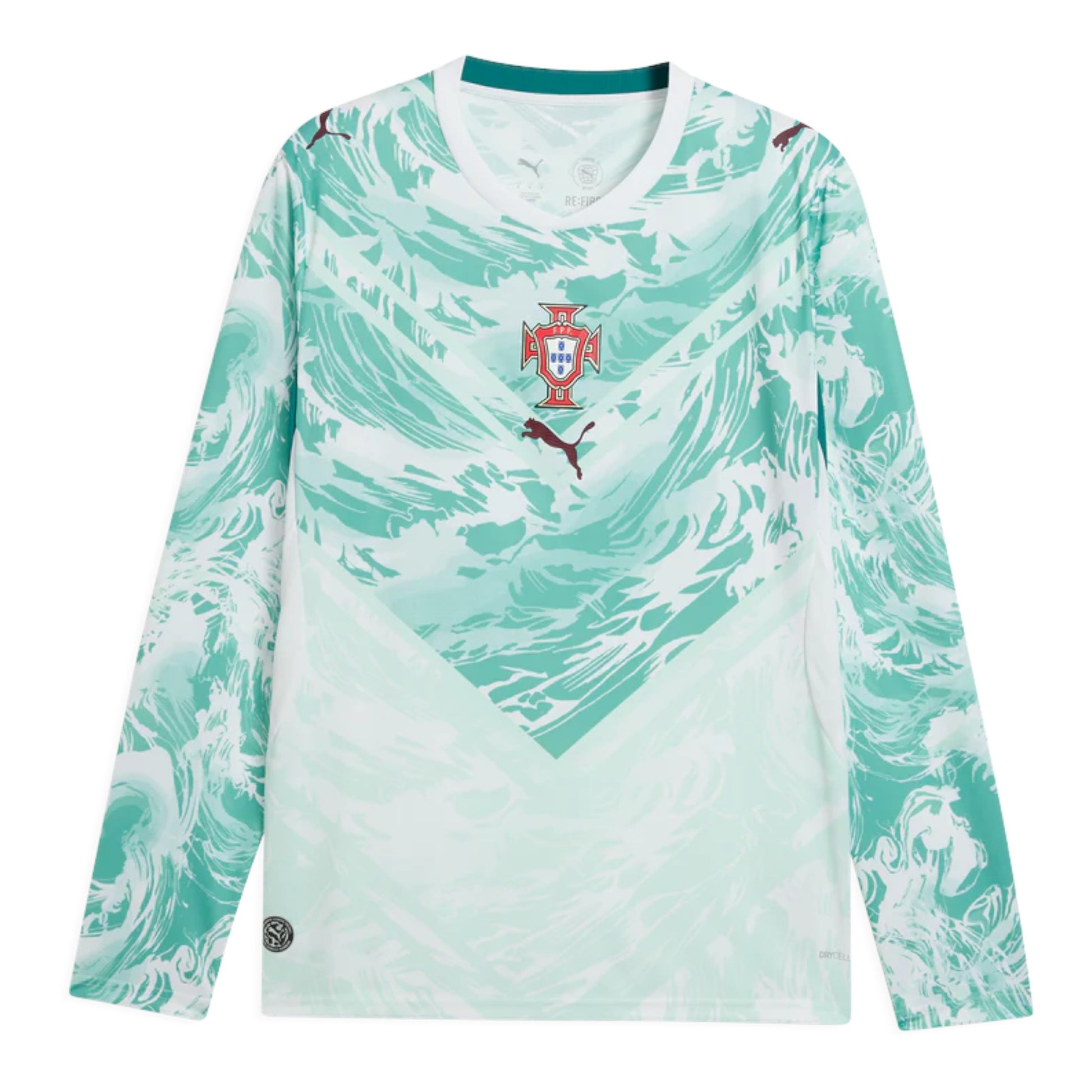 GOATkitz Portugal 2026 long sleeve adult away jersey in mint green with abstract wave pattern and crest.