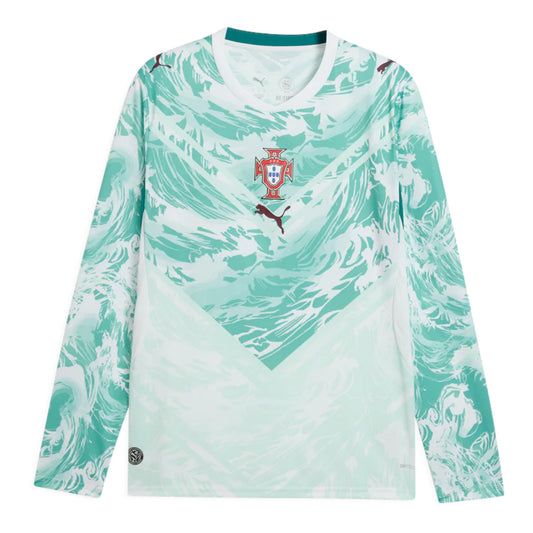 GOATkitz Portugal 2026 long sleeve adult away jersey in mint green with abstract wave pattern and crest.