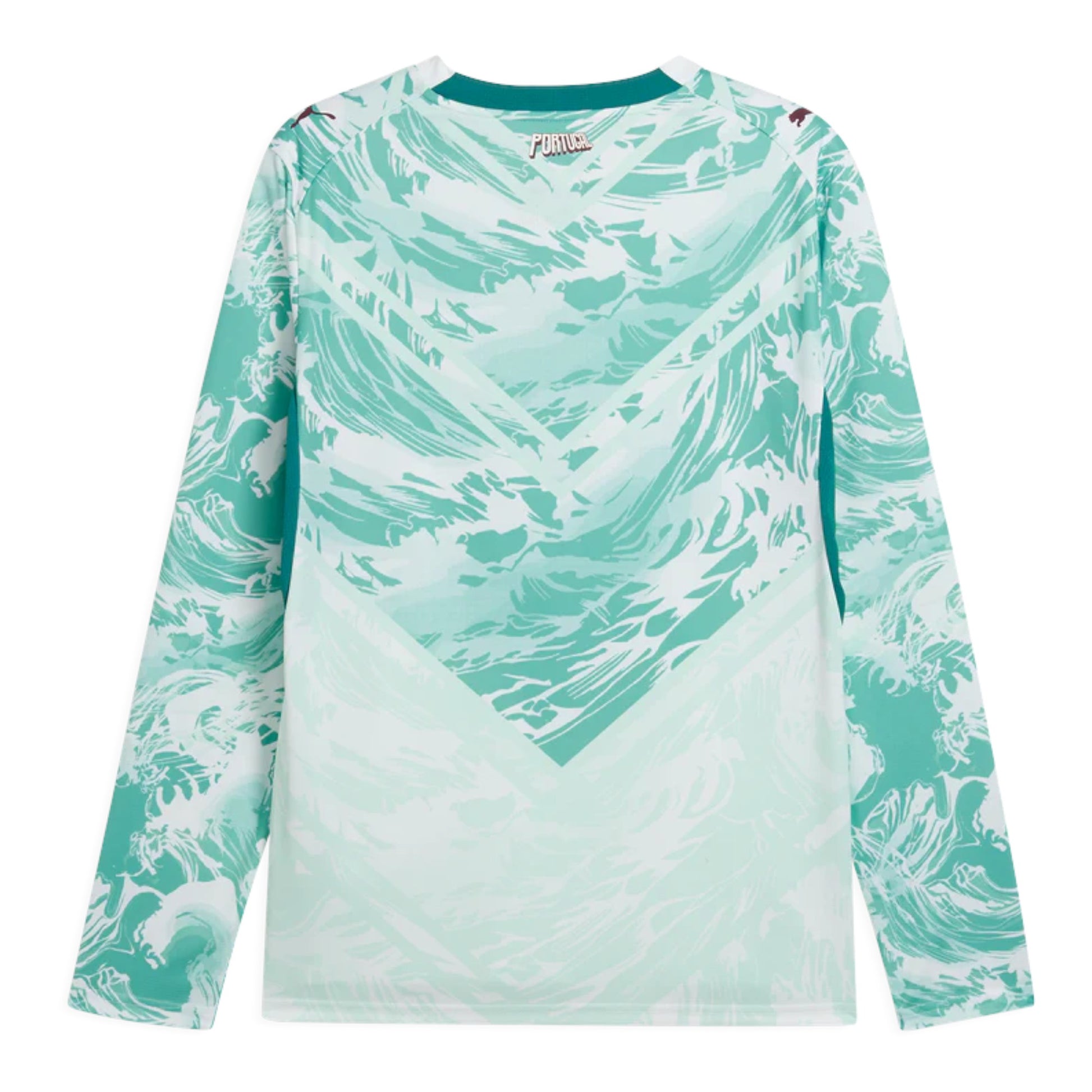 GOATkitz Portugal 2026 long sleeve adult away jersey in teal and white with a wave-like pattern. Features a V-neck and long sleeves.