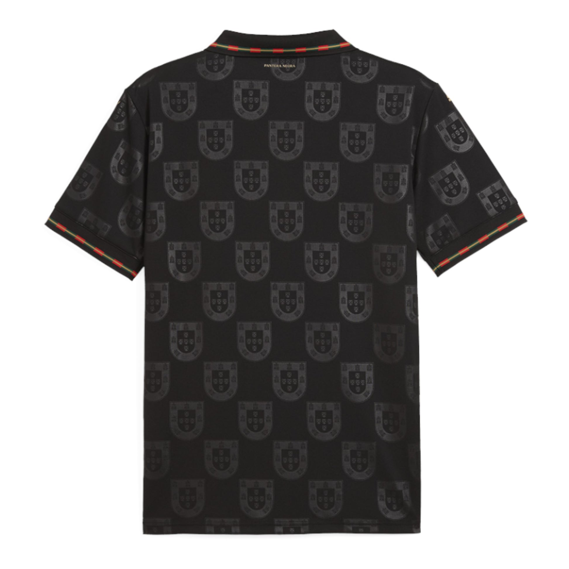 GOATkitz Portugal 2026 black special edition kids jersey with all-over crest pattern and red/green trim on collar and sleeves.