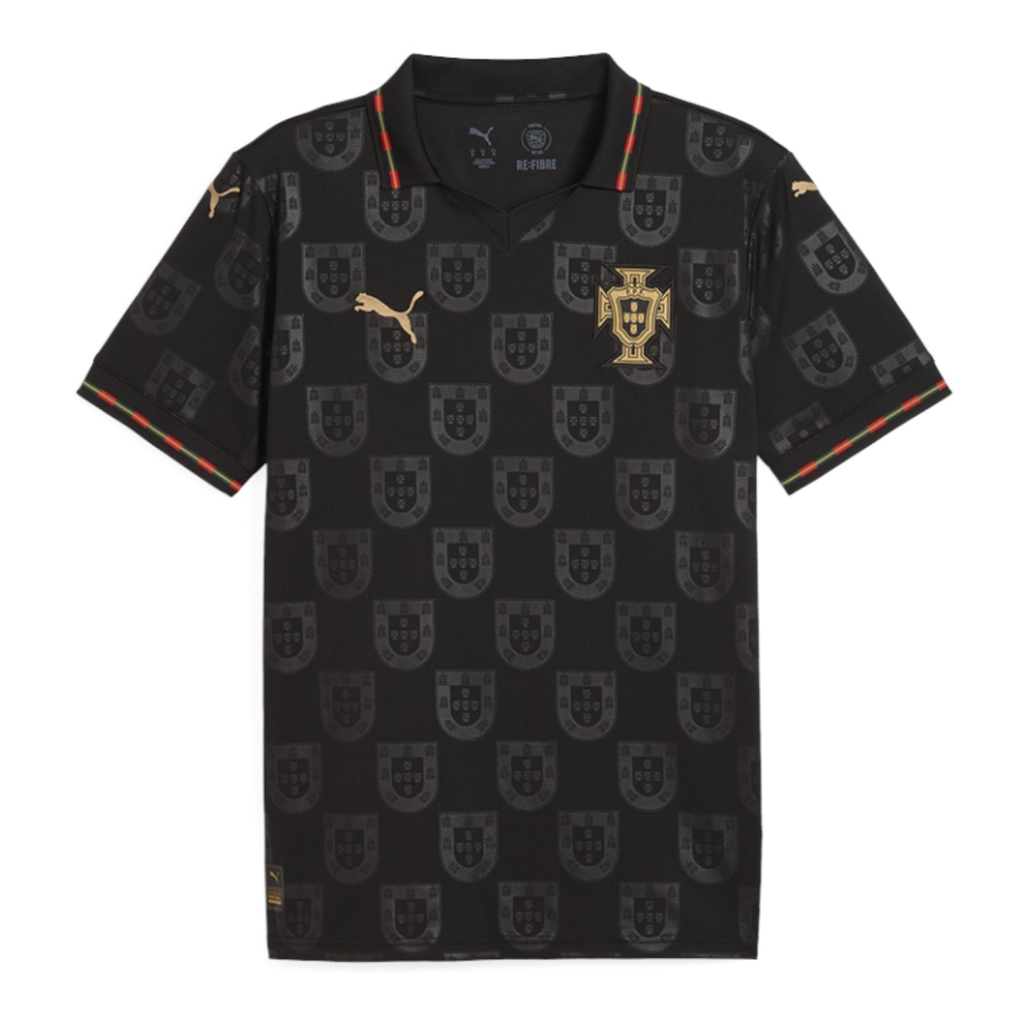 GOATkitz Portugal 2026 black special edition kids jersey with gold crest and Puma logo. Features all-over shield pattern and red/green trim.