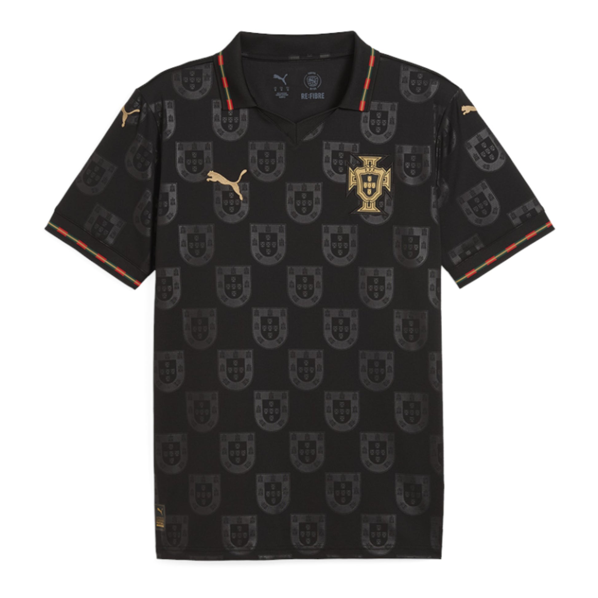 GOATkitz Portugal 2026 black special edition kids jersey with gold crest and Puma logo. Features all-over shield pattern and red/green trim.