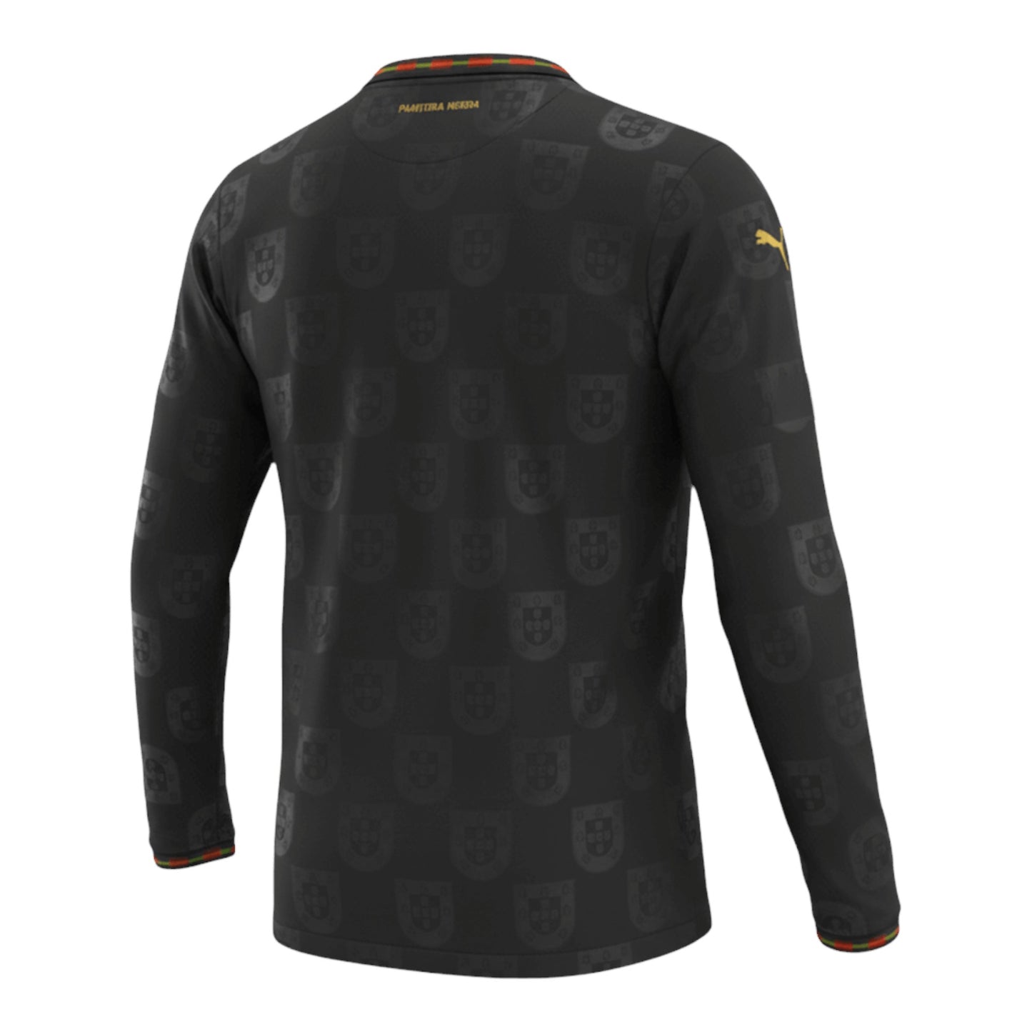 GOATkitz Portugal 2026 black special edition long sleeve adult jersey with repeating crest pattern and colourful collar trim.