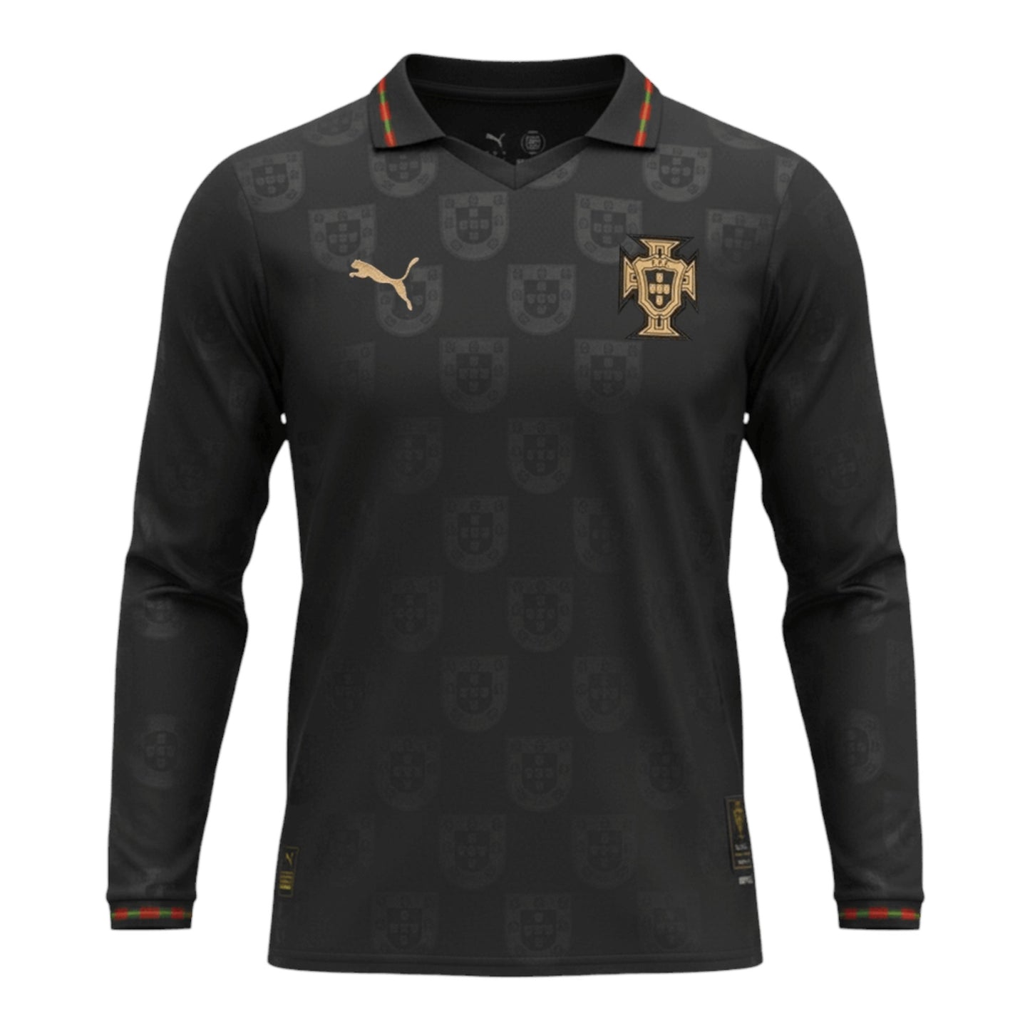 GOATkitz Portugal 2026 black special edition long sleeve adult jersey with gold Puma logo and crest. Features subtle all-over crest pattern and striped collar/cuffs.