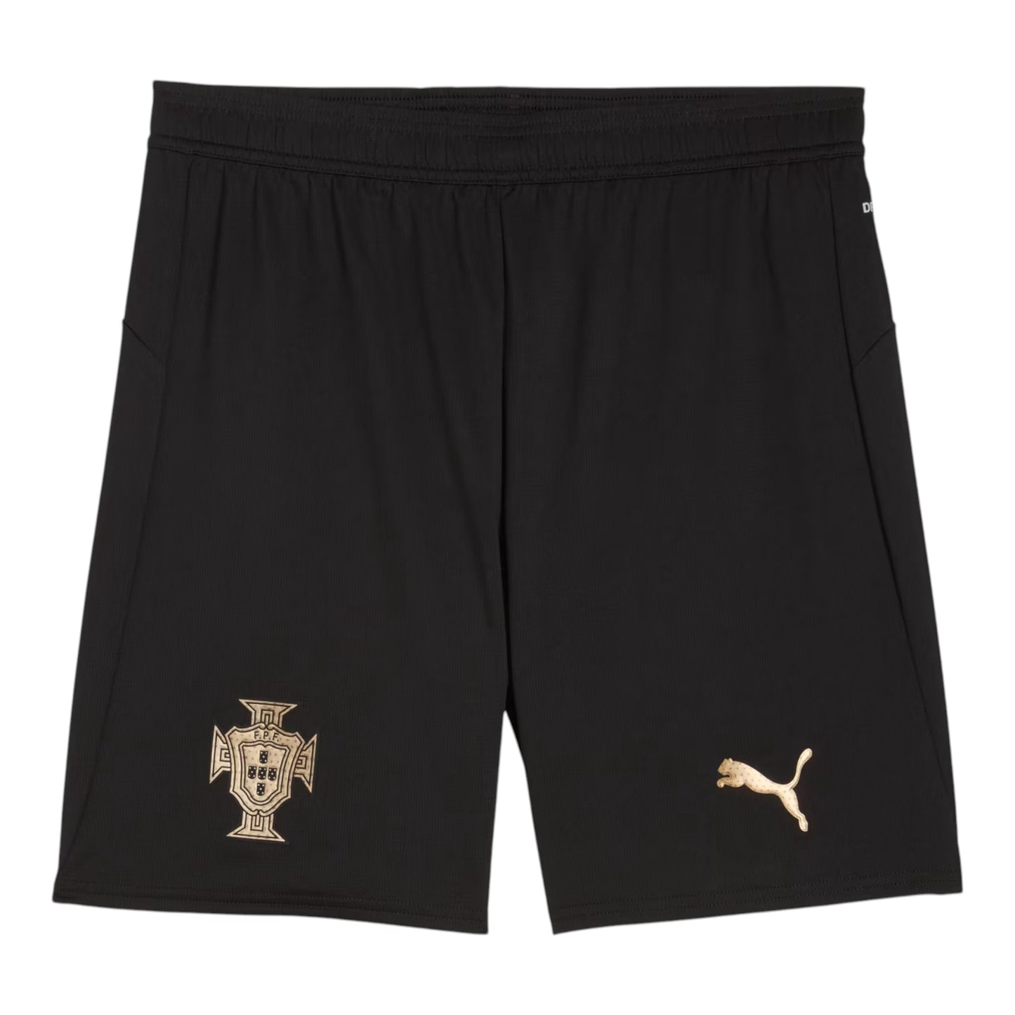 GOATkitz Portugal 2026 black special edition kids shorts with gold crest and Puma logo.