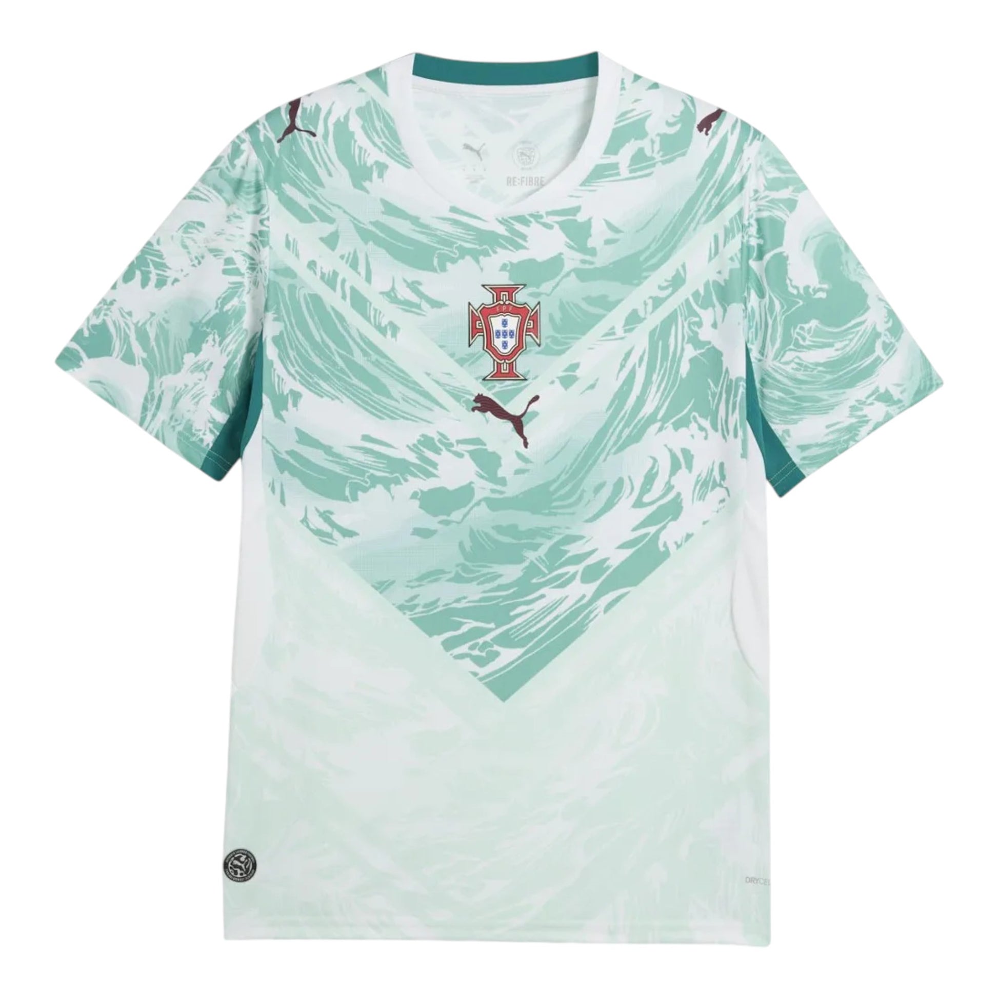 GOATkitz Portugal 2026 kids away jersey in light green with abstract wave pattern and maroon logo.