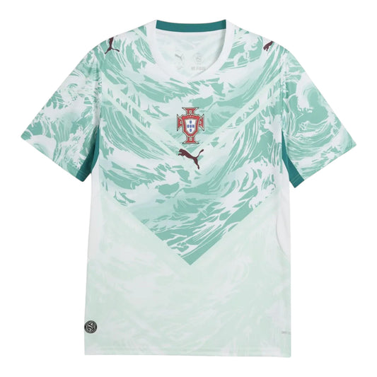 GOATkitz Portugal 2026 kids away jersey in light green with abstract wave pattern and maroon logo.