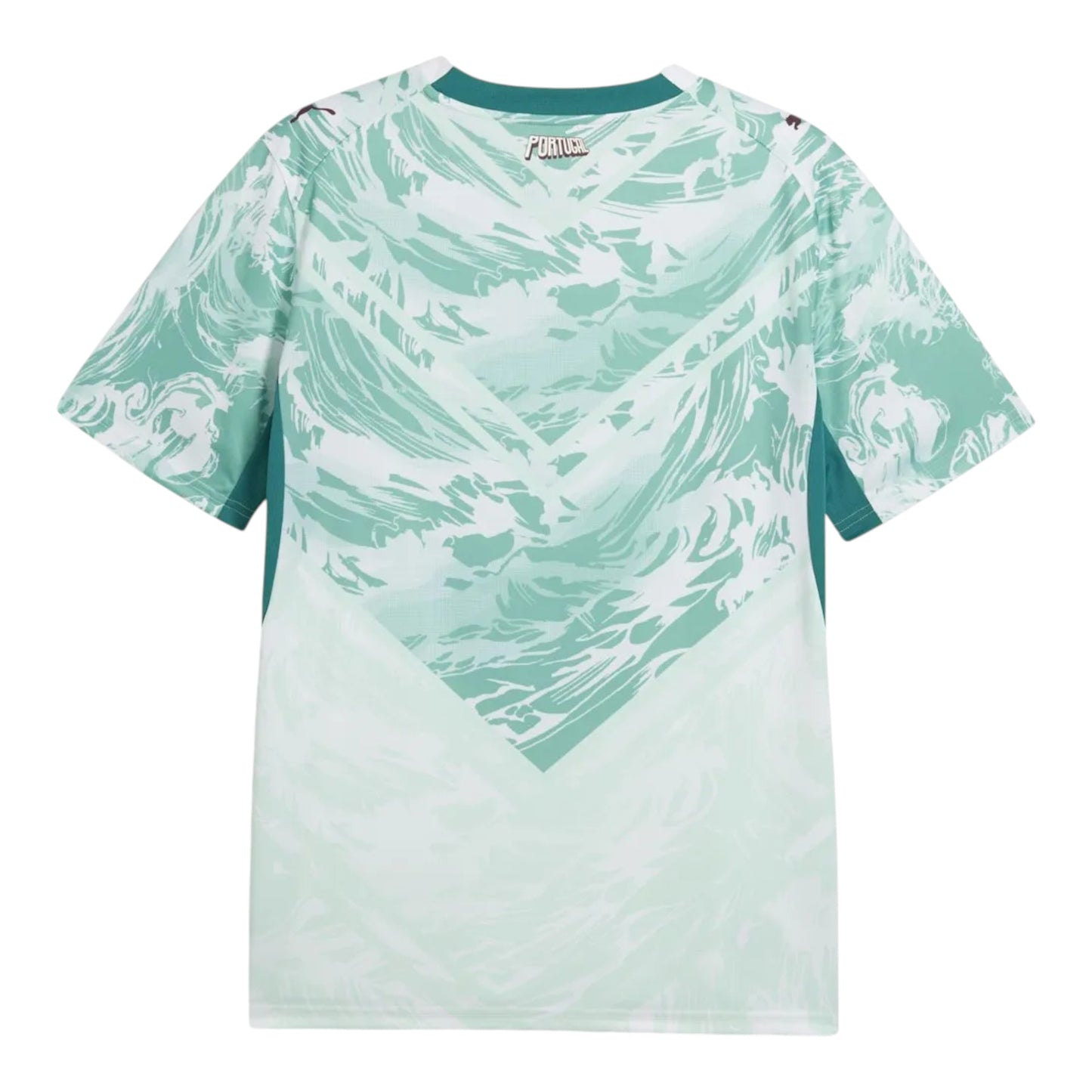 GOATkitz Portugal 2026 kids away jersey in light green with abstract wave pattern and teal accents. Customizable.