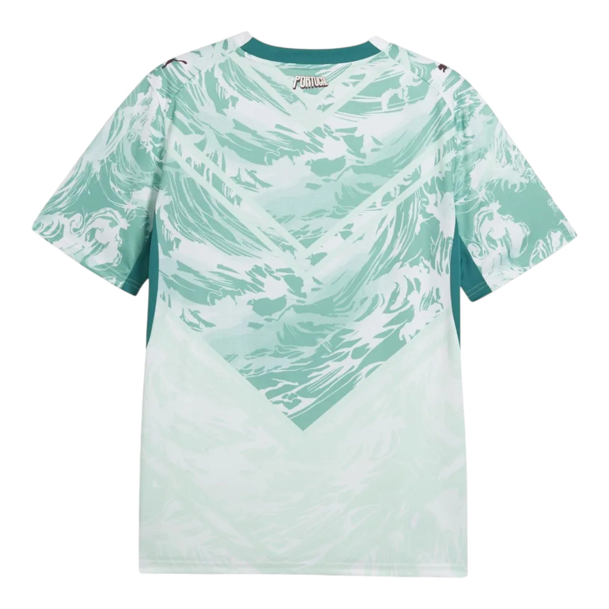 GOATkitz Portugal 2026 kids away jersey in light green with abstract wave pattern and teal accents. Customizable.