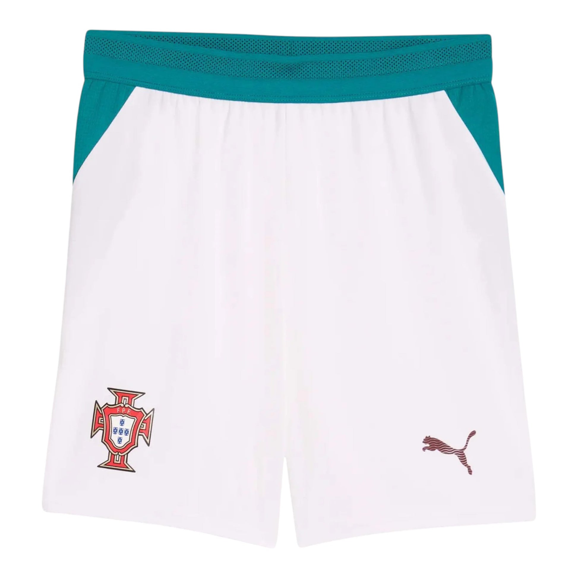 GOATkitz Portugal 2026 kids away shorts in white with teal waistband and trim. Features Portugal crest and Puma logo.