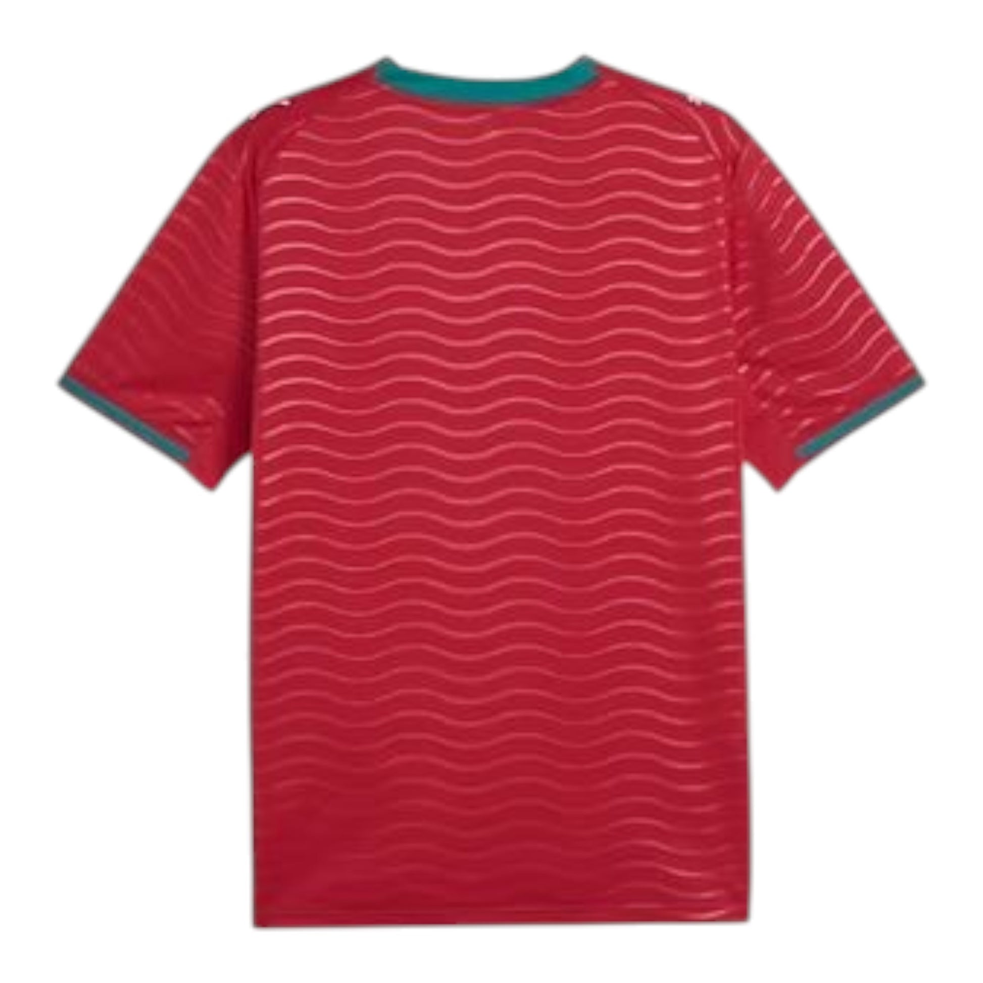 GOATkitz Portugal 2026 kids home jersey in red with a wave pattern and teal trim. Customizable.