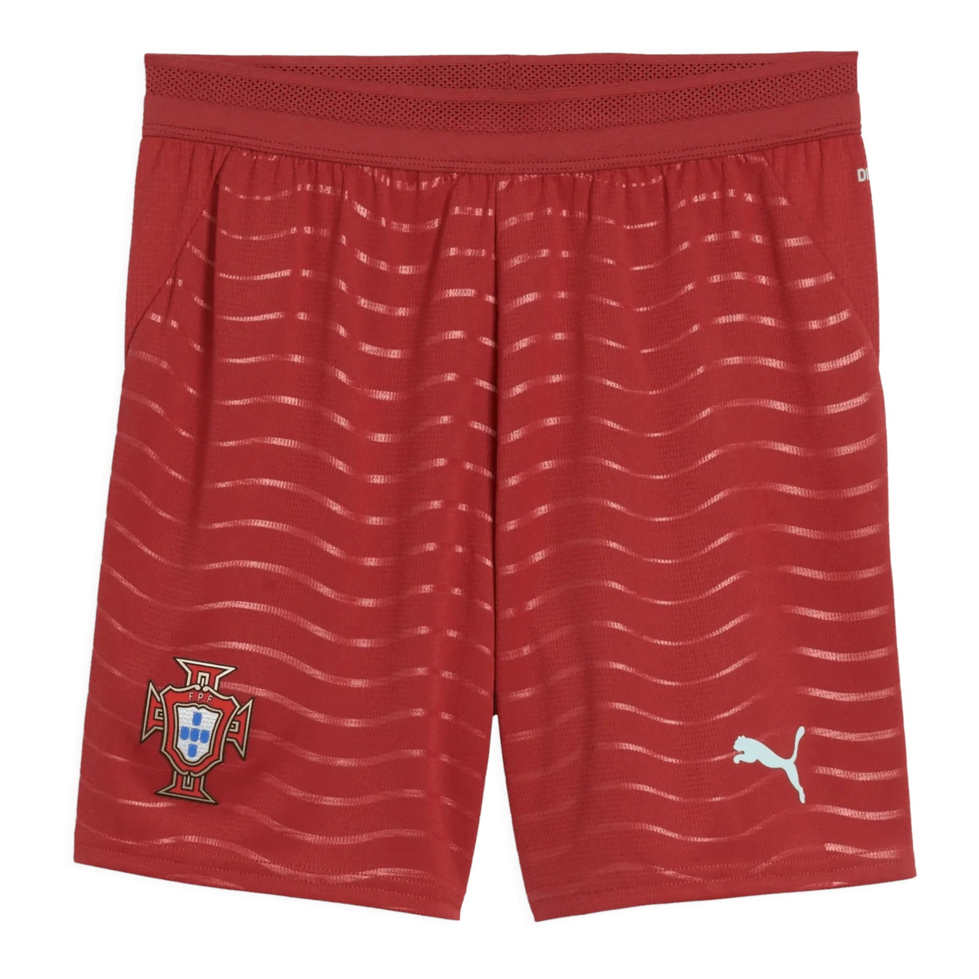 GOATkitz Portugal 2026 kids red soccer shorts with wavy pattern, crest, and Puma logo.