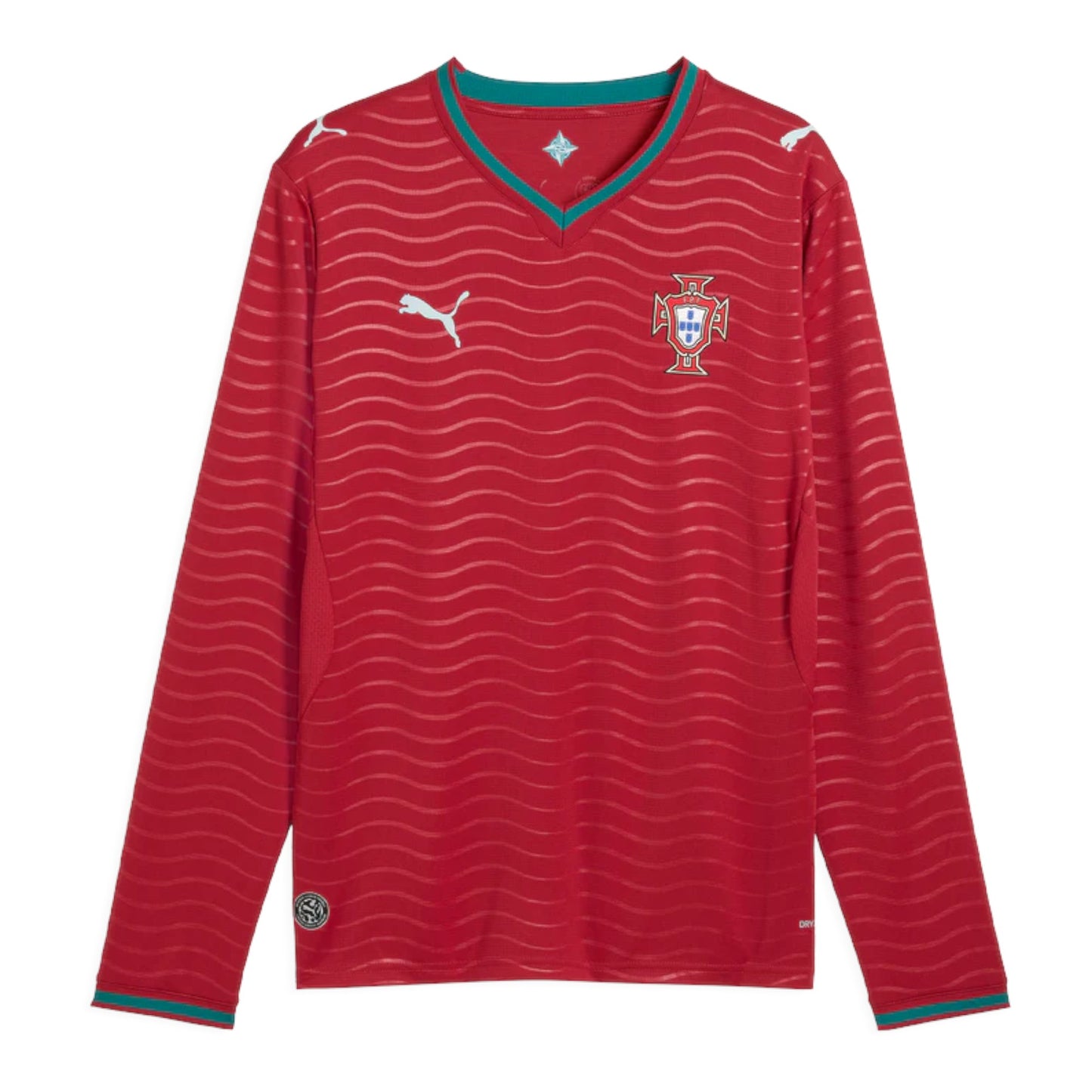 GOATkitz Portugal 2026 long sleeve red football jersey with teal trim and wavy pattern. Features Puma logo and Portugal crest.