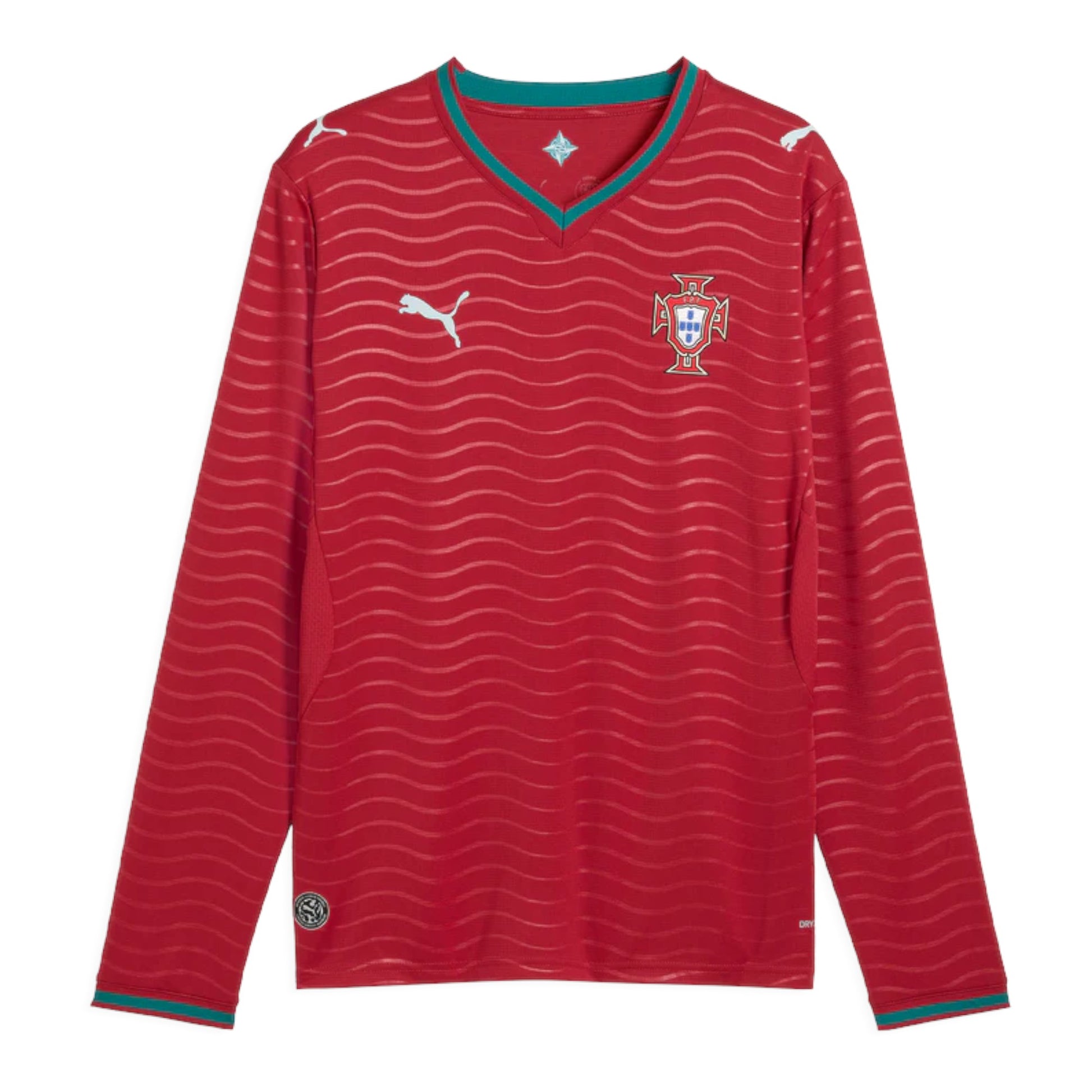 GOATkitz Portugal 2026 long sleeve red football jersey with teal trim and wavy pattern. Features Puma logo and Portugal crest.