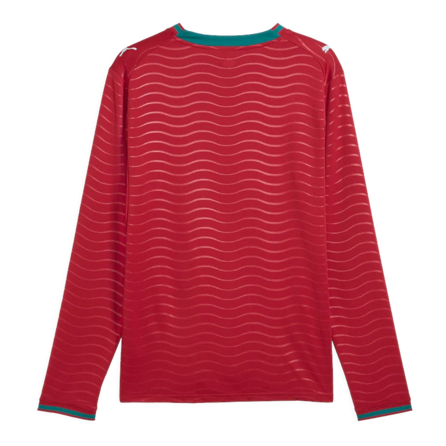 GOATkitz Portugal 2026 long sleeve red jersey with wave pattern and teal trim. Customizable fan version.