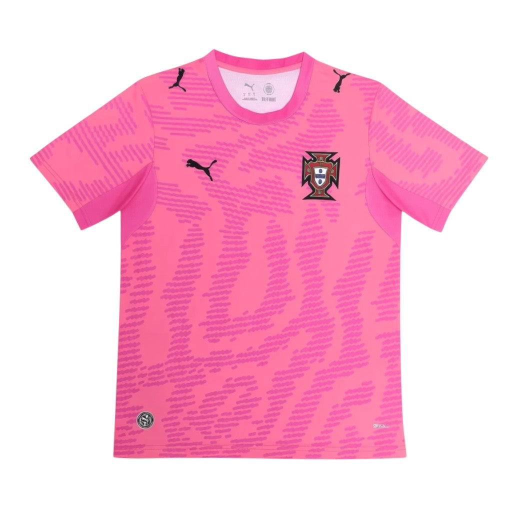 GOATkitz Portugal 2026 pink goalkeeper jersey with abstract pattern and team crest. Short sleeves, crew neck.