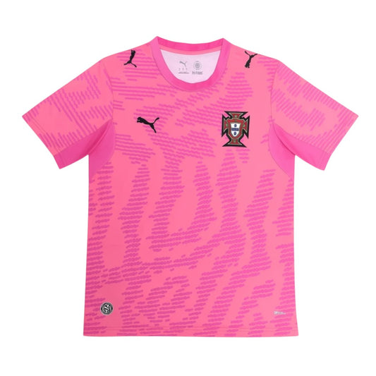 GOATkitz Portugal 2026 pink goalkeeper jersey with abstract pattern and team crest. Short sleeves, crew neck.