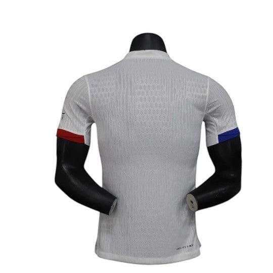 GOATkitz white PSG 2024-25 player version away jersey with red and blue sleeve accents.