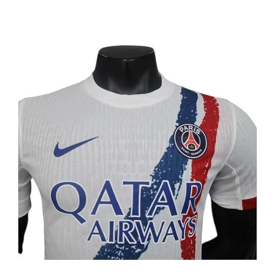 GOATkitz Paris Saint-Germain 2024-25 white player version jersey with blue and red stripe detail and Qatar Airways logo.
