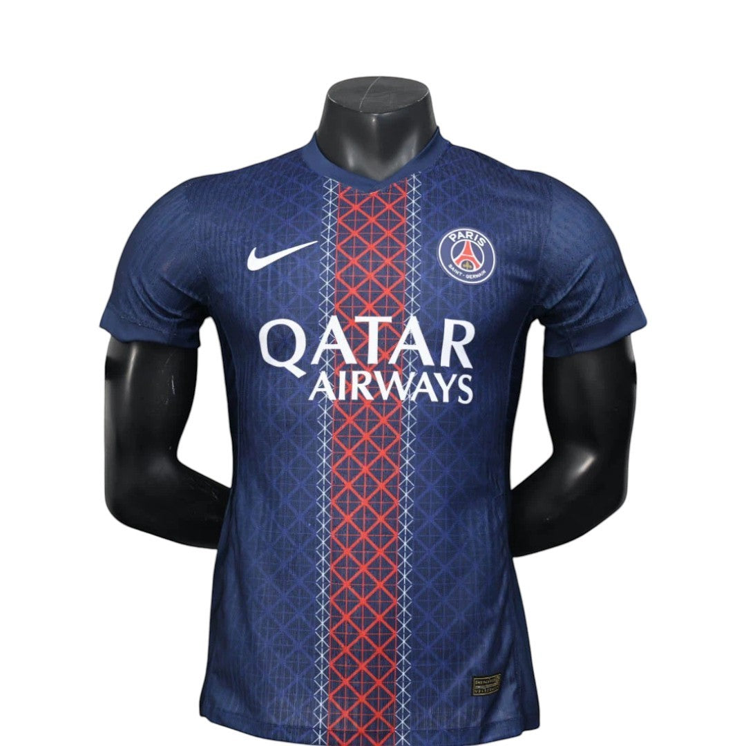 GOATkitz Paris Saint-Germain 2025-26 navy blue player version football jersey with red and white accents.