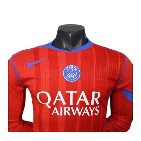 GOATkitz Paris Saint-Germain 2025-26 player version third long sleeve jersey in red with blue accents and Qatar Airways sponsor.