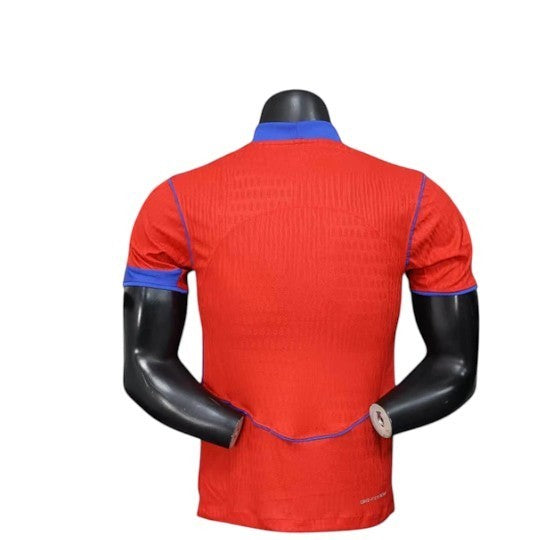 GOATkitz PSG 2025-26 Player Version Third Jersey, red with blue trim and collar, short sleeves, customizable.