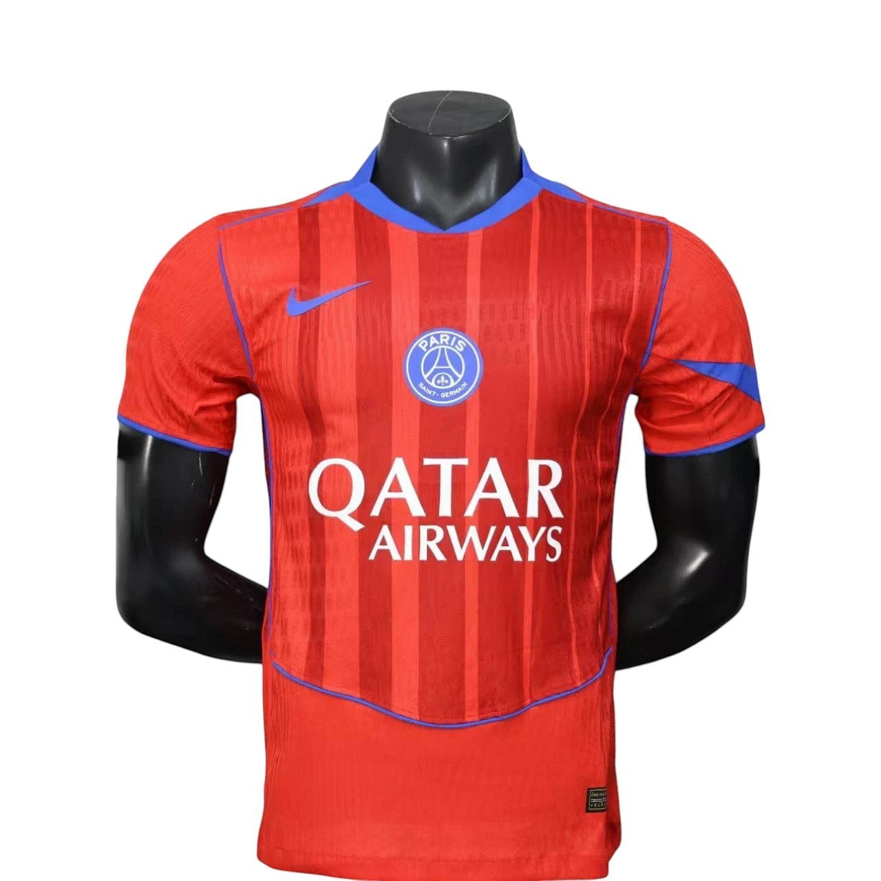 GOATkitz Paris Saint-Germain 2025-26 player version third jersey in red with blue trim and Qatar Airways sponsor.