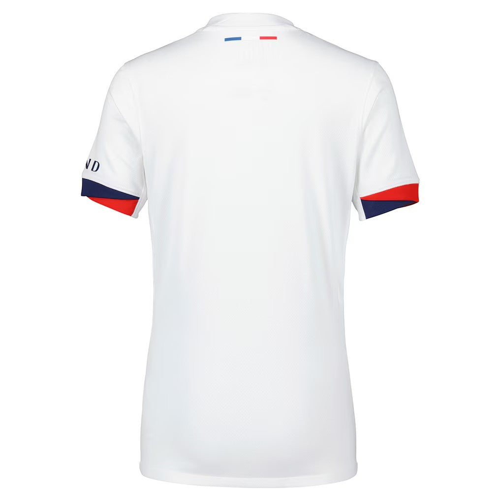 GOATkitz white PSG 2024-25 away jersey with blue and red trim on sleeves and collar detail.