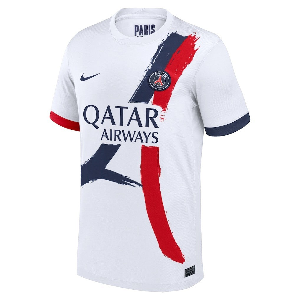 GOATkitz Paris Saint-Germain 2024-25 adult away jersey, white with red and navy brushstroke design, Qatar Airways sponsor.