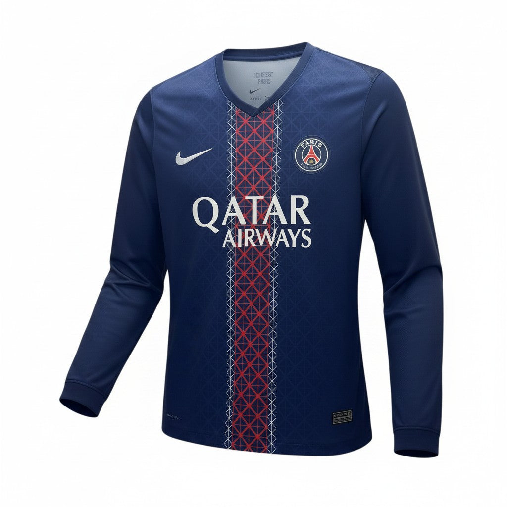 GOATkitz Paris Saint-Germain 2025-26 adult home long sleeve jersey in navy blue with red and white accents. Features Qatar Airways sponsor logo.