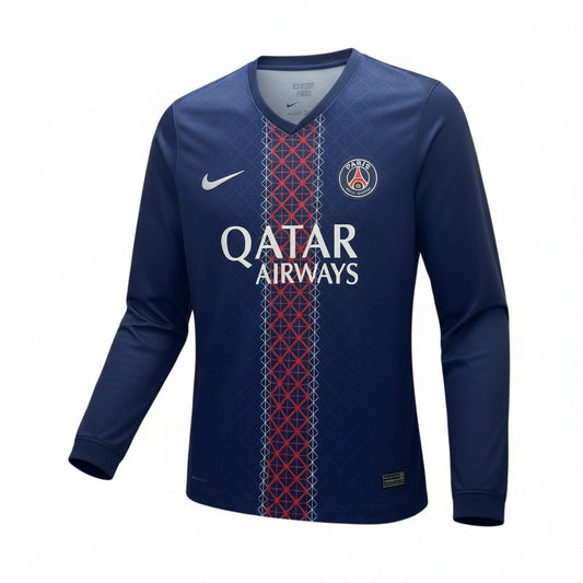GOATkitz Paris Saint-Germain 2025-26 adult home long sleeve jersey in navy blue with red and white accents. Features Qatar Airways sponsor logo.