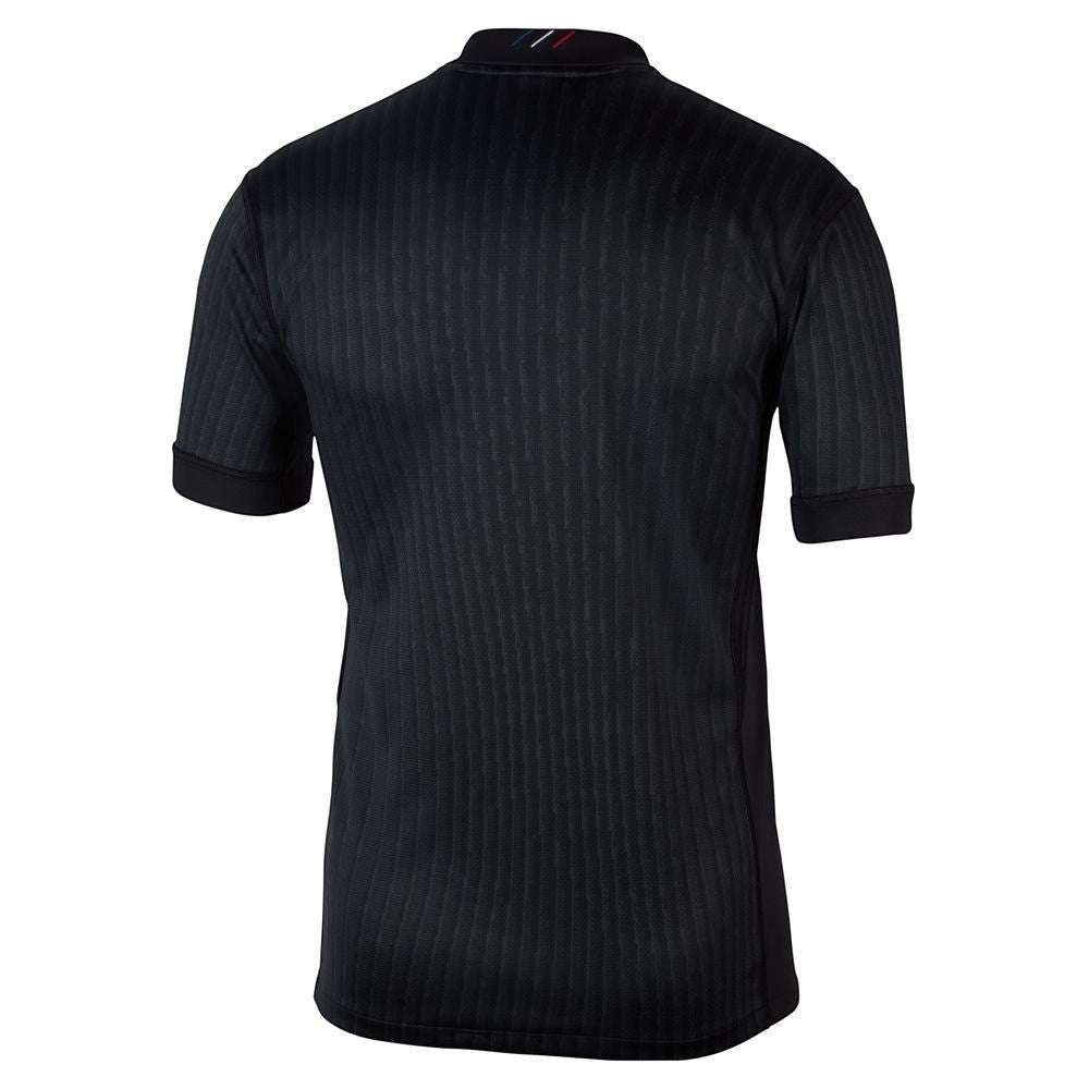 GOATkitz black PSG 2025-26 Jordan 4th adult jersey with subtle vertical stripe pattern and striped collar detail.