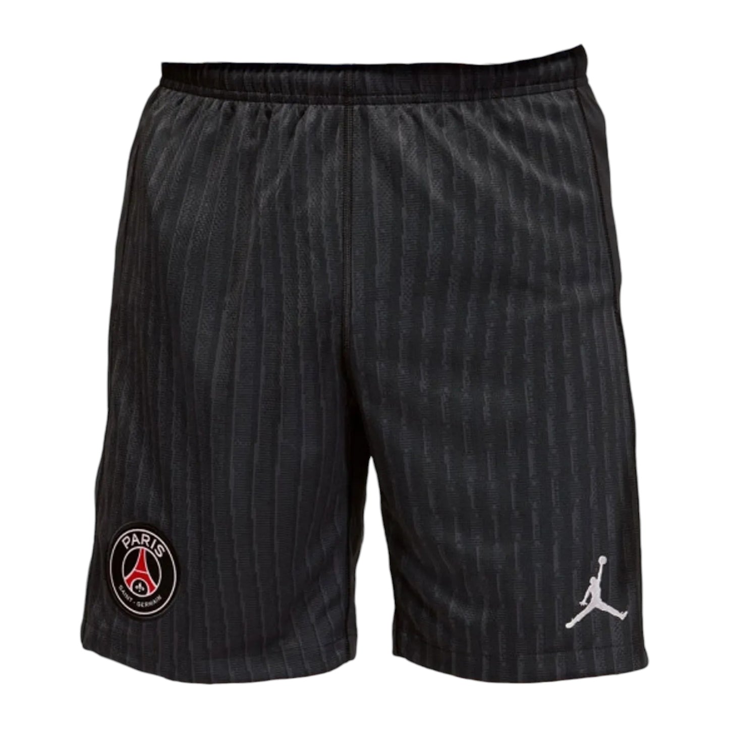 GOATkitz PSG 2025-26 Jordan 4th Kids black shorts with pinstripe pattern, Paris Saint-Germain logo and Jordan Jumpman logo.
