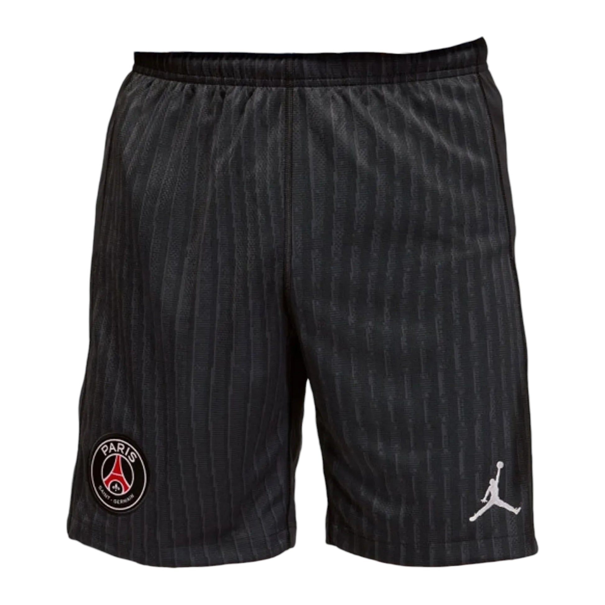 GOATkitz PSG 2025-26 Jordan 4th Kids black shorts with pinstripe pattern, Paris Saint-Germain logo and Jordan Jumpman logo.