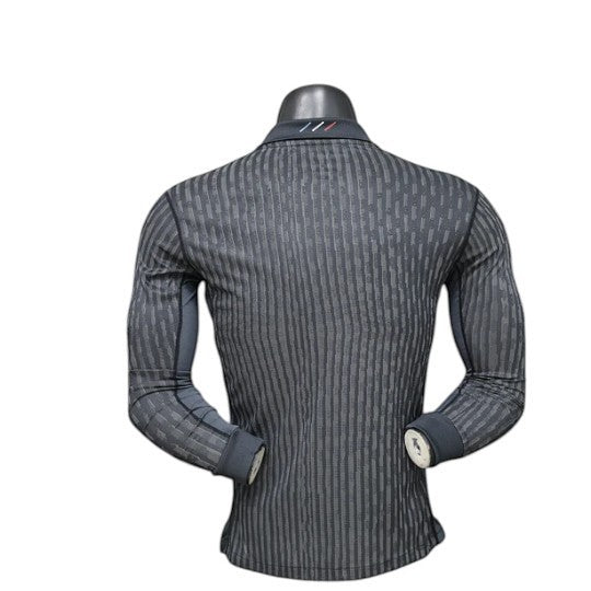 GOATkitz PSG 2025-26 Player Version Jordan long sleeve jersey in dark grey with vertical stripe pattern. Customizable.