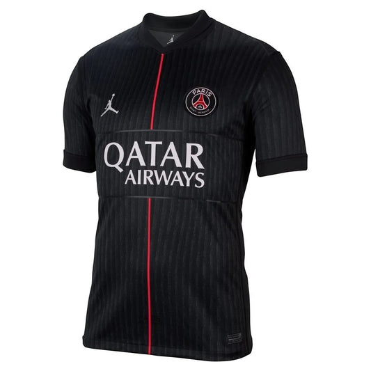 GOATkitz Paris Saint-Germain 2025-26 Jordan 4th kids jersey, black with red stripe detail and Qatar Airways sponsor.