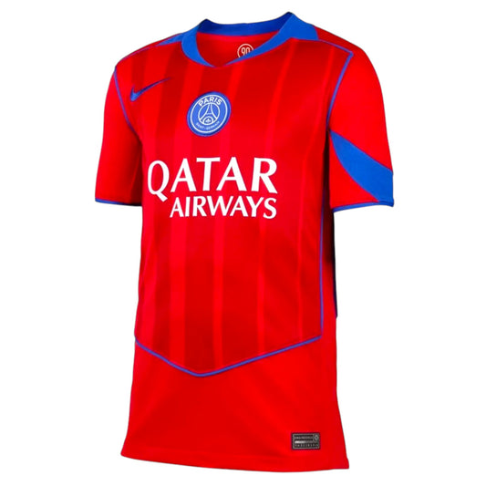 GOATkitz Paris Saint-Germain 2025-26 kids third jersey in red with blue accents and Qatar Airways sponsor. Features vertical stripes and customizable options.