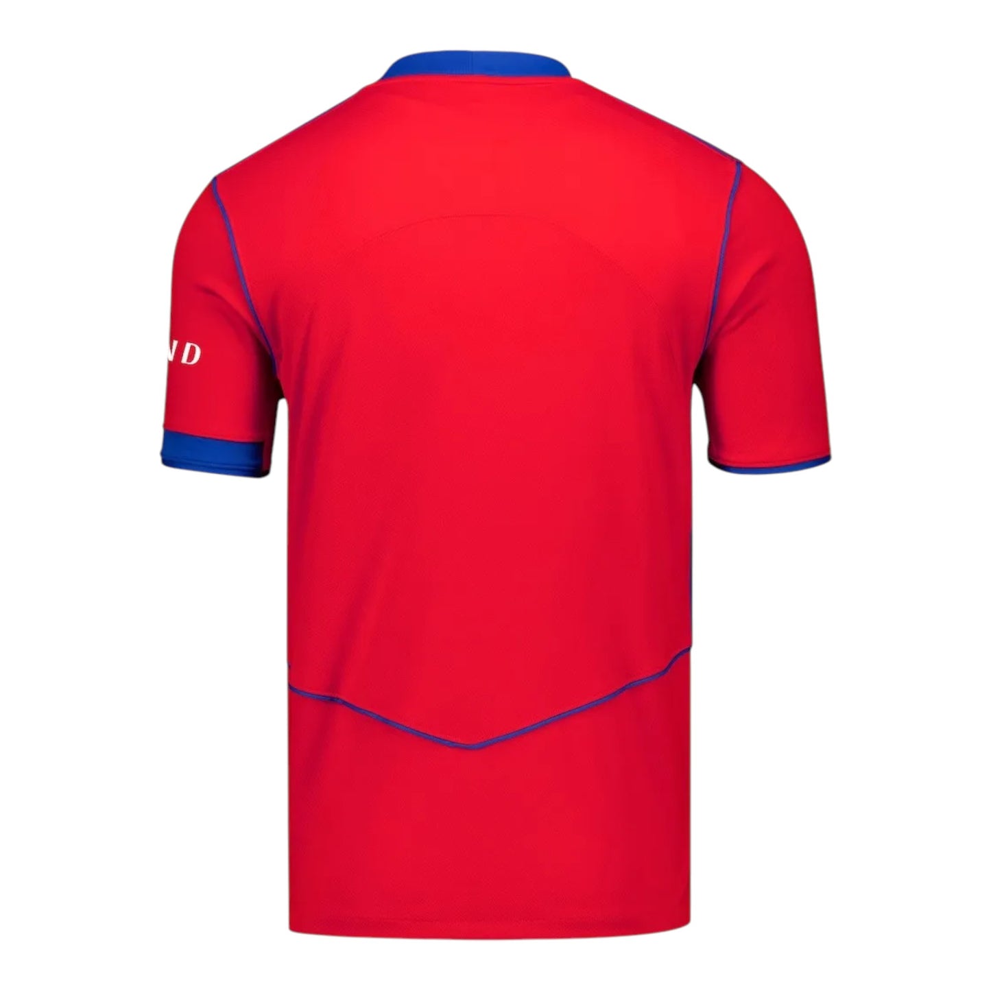 GOATkitz PSG 2025-26 kids third jersey in red with blue trim and collar. Customizable with name, number, and badges.