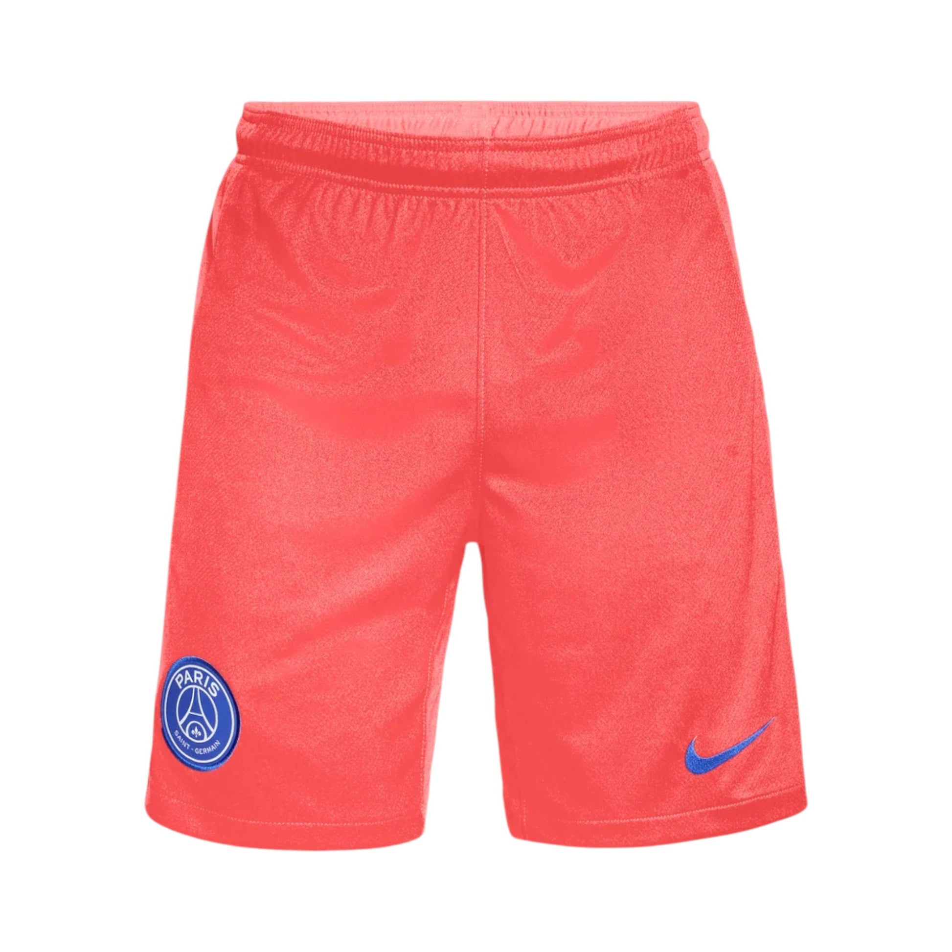 GOATkitz coral PSG 2025-26 kids third jersey shorts with blue Nike swoosh and PSG crest. Elastic waistband.