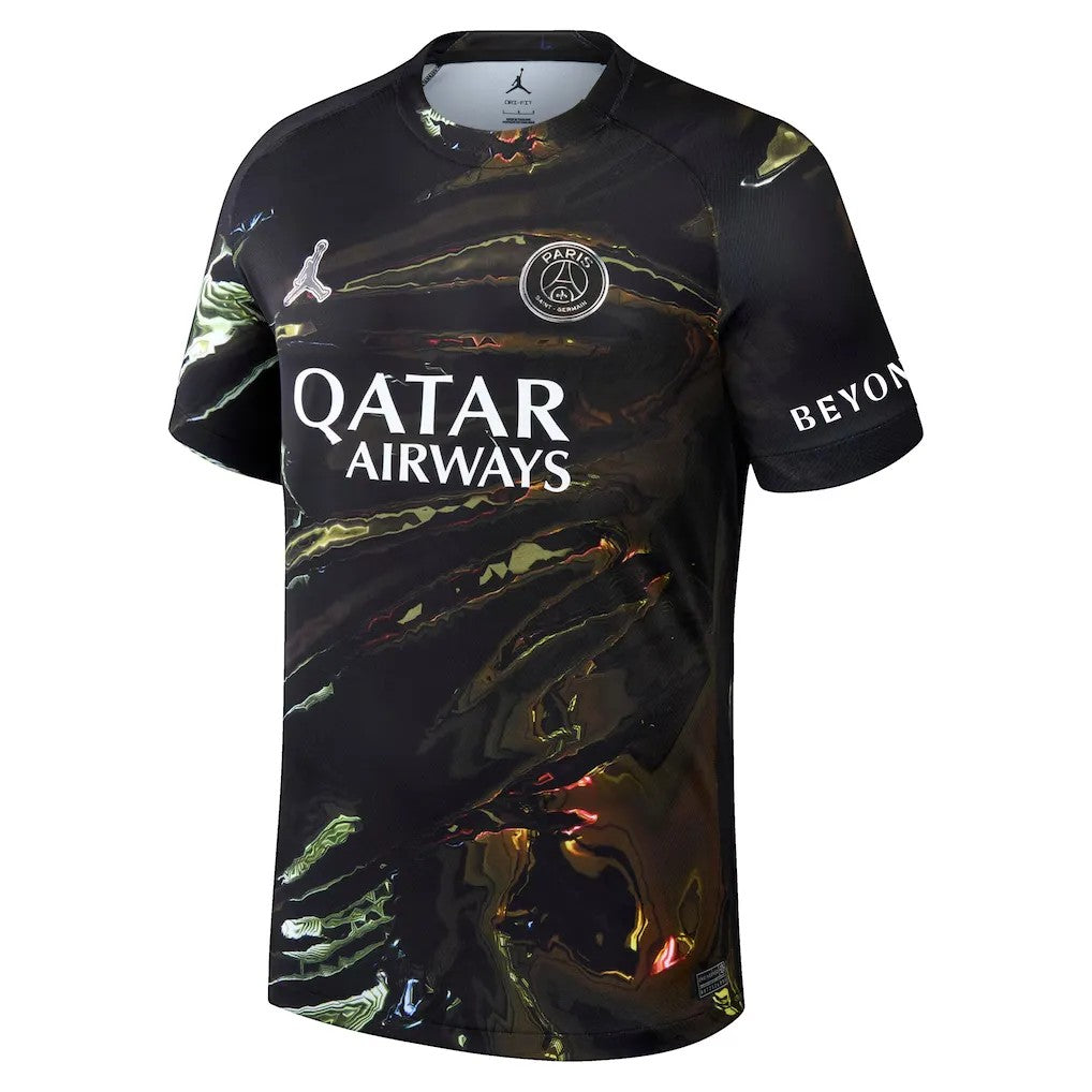 GOATkitz PSG 2025-26 Night Edition adult jersey in black with a marbled gold and green pattern. Features Qatar Airways logo.