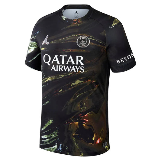 GOATkitz PSG 2025-26 Night Edition adult jersey in black with a marbled gold and green pattern. Features Qatar Airways logo.