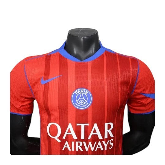 GOATkitz PSG 2025-26 Player Version Third Jersey: red with blue trim, vertical stripes, Qatar Airways sponsor, Nike logo, and PSG crest.