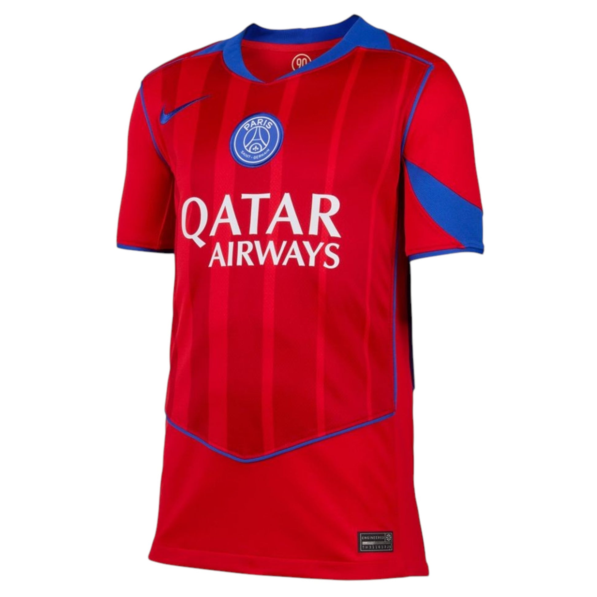GOATkitz Paris Saint-Germain 2025-26 adult third jersey in red with blue accents and Qatar Airways logo.
