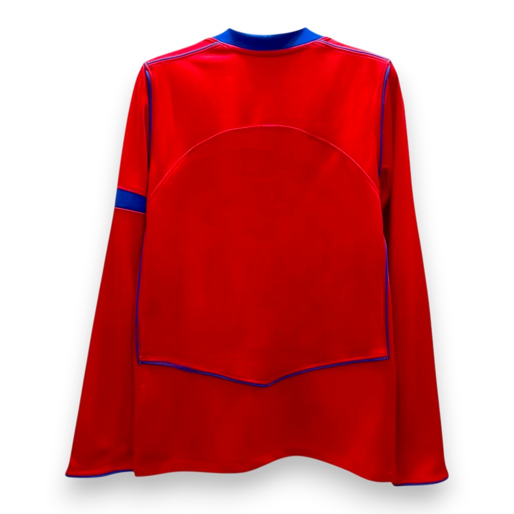 GOATkitz PSG 2025-26 adult third long sleeve jersey in red with blue trim and accents. Customizable fan version.