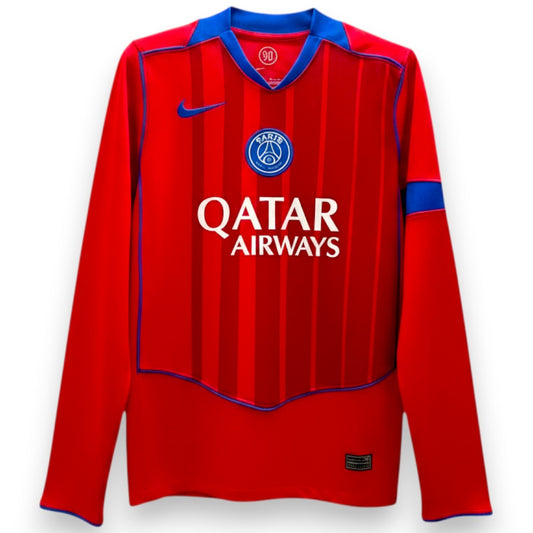 GOATkitz Paris Saint-Germain 2025-26 adult third long sleeve jersey in red with blue trim and Qatar Airways sponsor.