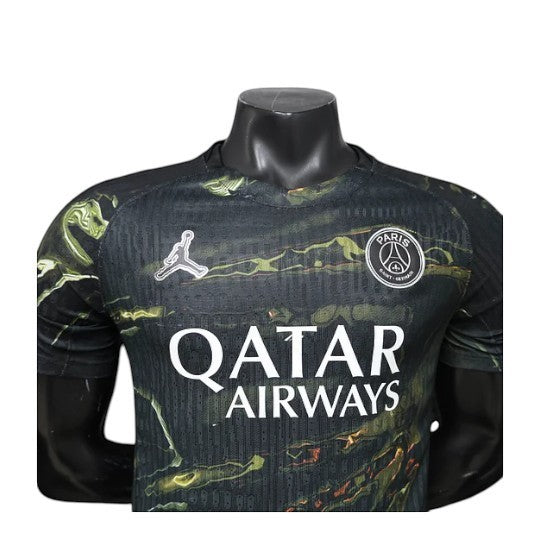 GOATkitz PSG 2025-26 Player Version Swirl Special Edition Jersey, black with green swirl pattern, Jordan logo, Qatar Airways sponsor.