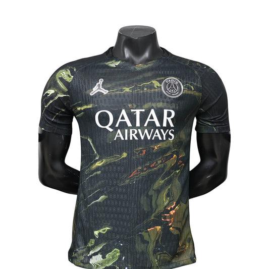 GOATkitz PSG 2025-26 Player Version Swirl Special Edition jersey in black with green and orange marble pattern. Features Qatar Airways logo.