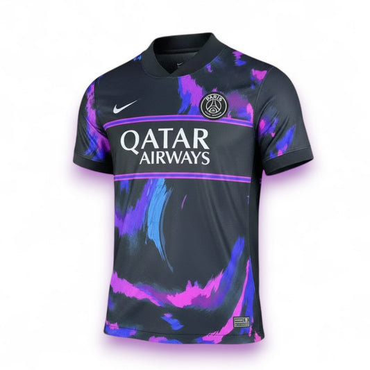 GOATkitz PSG 2025-26 adult jersey, black with purple and blue swirl design, Qatar Airways sponsor, Nike logo.