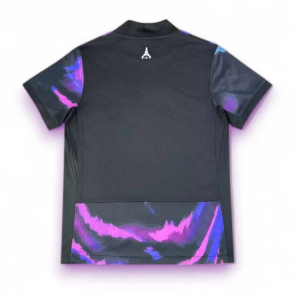 GOATkitz black PSG 2025-26 special edition jersey with purple and blue swirl accents on sleeves and hem.